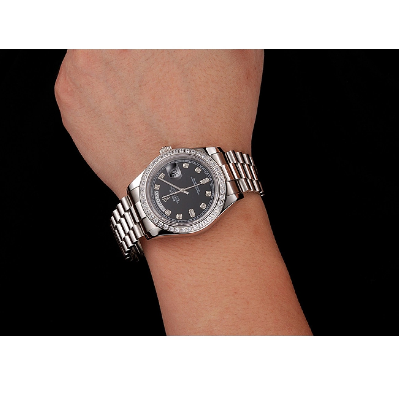 MiroTime 0825 Swiss Rolex Day-Date Black Dial Diamond Case Diamond Numerals Stainless Steel Bracelet 1453966